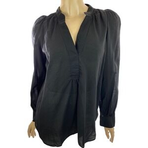 Loft Black Blouse Top Size PS Long Puffed Sleeves Split V-Neck Cotton Blend